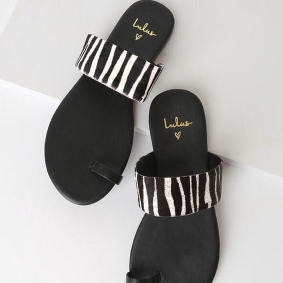 Lulus Tessa Black Zebra Calf Hair Toe-Loop Sandals - Picture 3 of 4